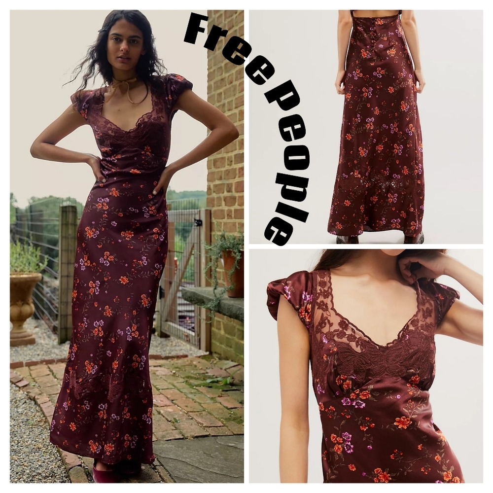 Free People Butterfly Babe Satin Like, Lace Trim Maxi Dress Size XL NWT